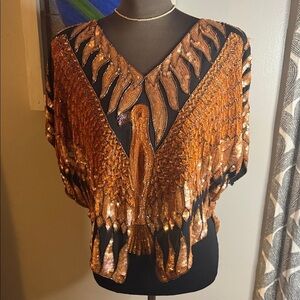 Vintage Metamorphosis 100% Silk Beaded/ Sequined Bird Top SZ Large